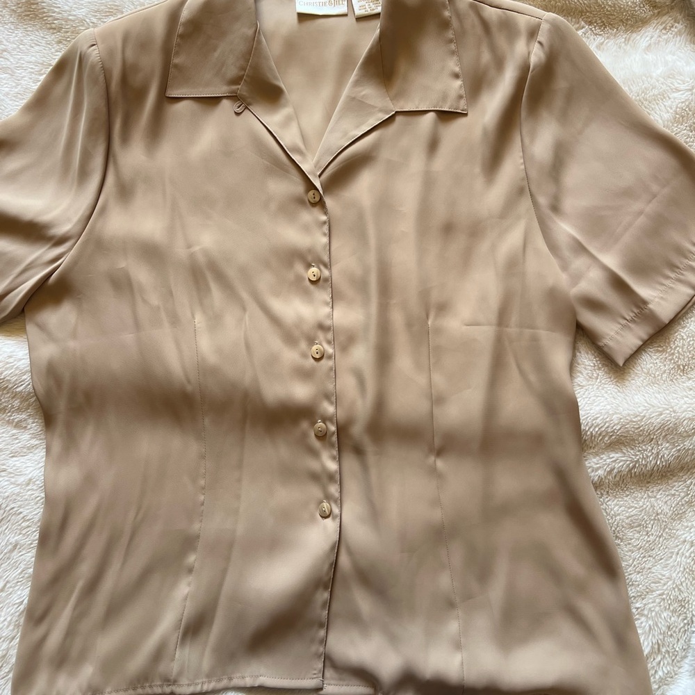 Beige Short Sleeve Button-Up Blouse